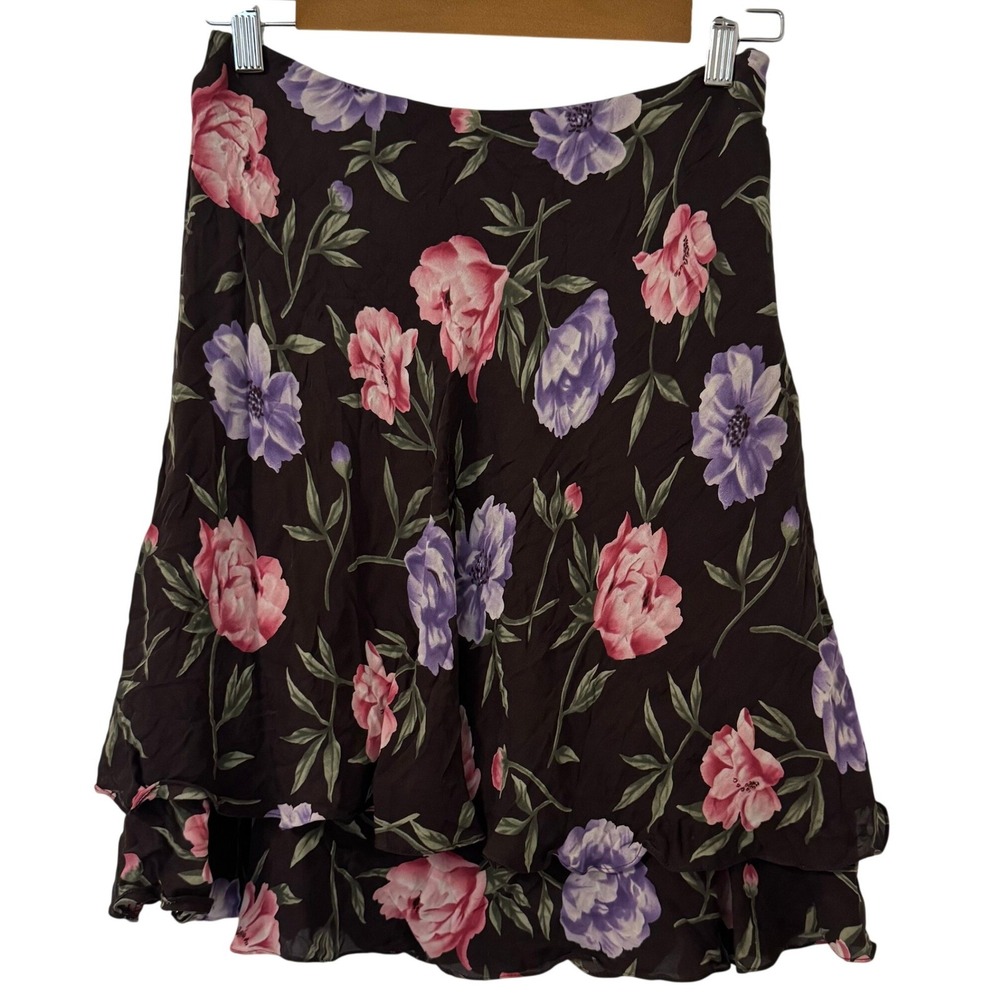 VTG Jones New York Skirt Petite 2P Brown Pink Silk Floral Layered Coquette Y2K